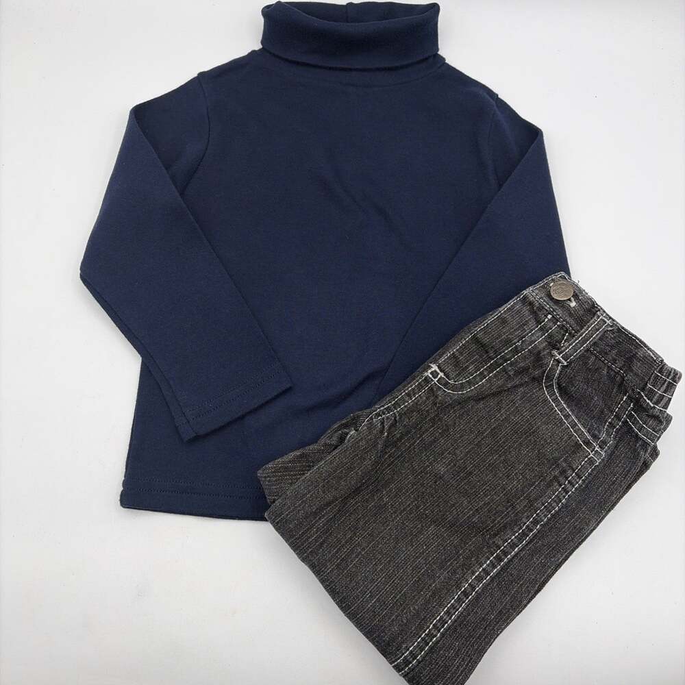 2 Pc. Boys Navy Blue turtleneck & Pull-on denim Jeans Pants Set Outfit Sz 24m